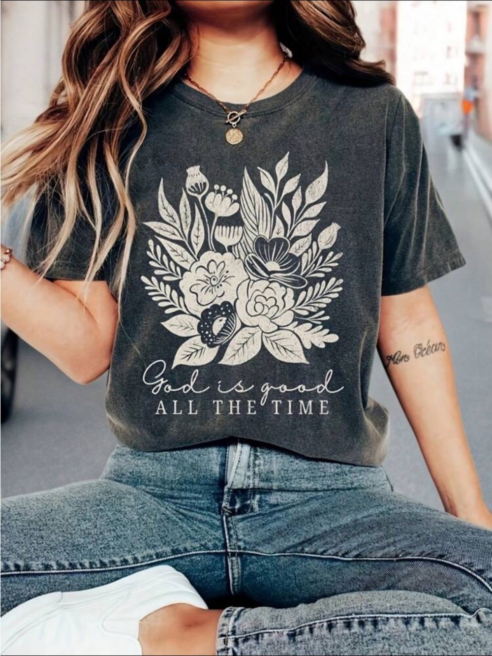 SHEIN Charcoal Floral 'God Is Good' Short Sleeve Tee